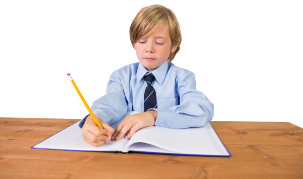 Digital png photo of smiling caucasian schoolboy writing on transparent background