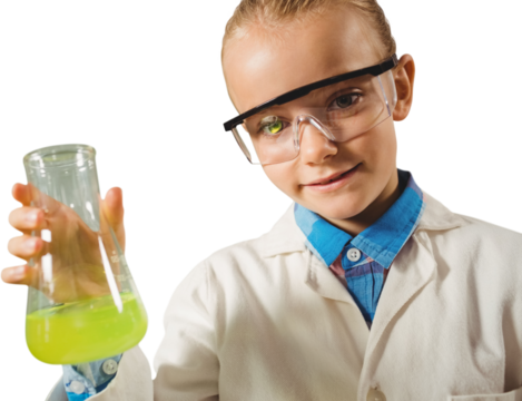 Digital png photo of smiling caucasian boy scientist with beaker on transparent background