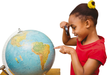 Digital png photo of african american schoolgirl with globe on transparent background