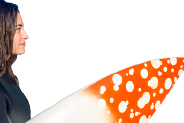 Digital png photo of caucasian woman with surfboard on transparent background