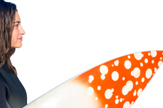 Digital png photo of caucasian woman with surfboard on transparent background