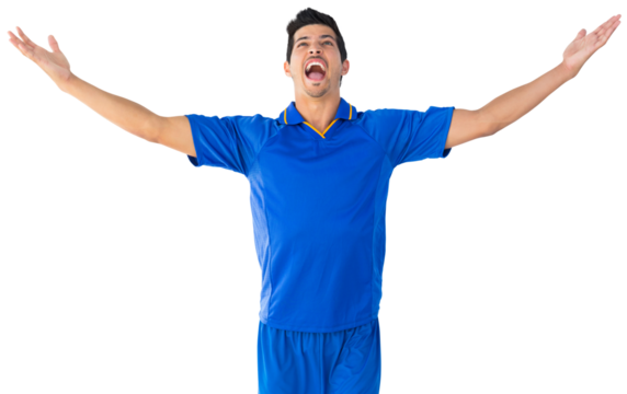 Digital png photo of biracial sportsman celebrating on transparent background - Powered by Adobe