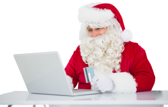 Digital png photo of caucasian male santa claus using laptop on transparent background - Powered by Adobe