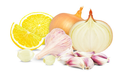 garlic, onion and lemon isolated on white background