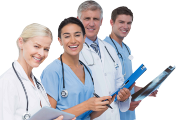 Digital png photo of caucasian male and female doctors on transparent background