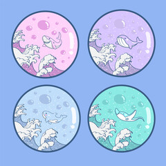 Vector badge pack of cute gradient under ocean wave illustration stickers