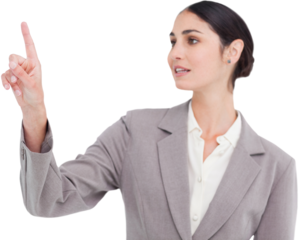 Digital png photo of caucasian businesswoman pointing with finger on transparent background