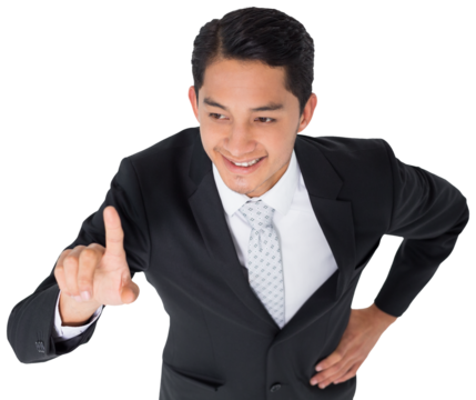 Digital png photo of biracial businessman pointing with finger on transparent background