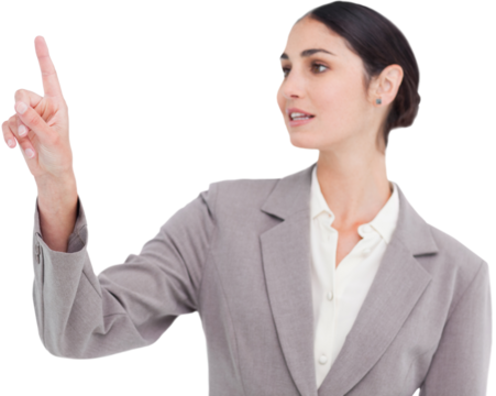 Digital png photo of caucasian businesswoman pointing with finger on transparent background