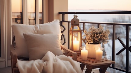 Cosy armchair on balcony ,winter home decor, calm and relax coastal living mockup arrangement, Generative ai