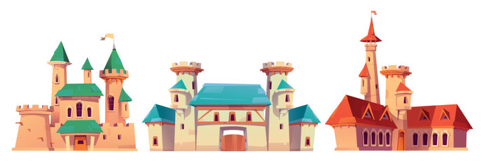 Fairytale medieval castles with gates and towers. Cartoon vector illustration set of fantasy royal buildings and palaces. fable story ancient architecture with stone walls and turrets with king flags. © klyaksun