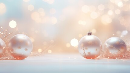Naklejka na ściany i meble three white christmas ornaments on a table with a blurry background. generative ai