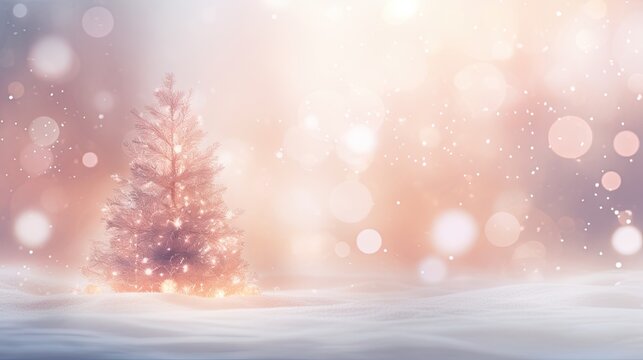  a small christmas tree in a snowy landscape with boke.  generative ai