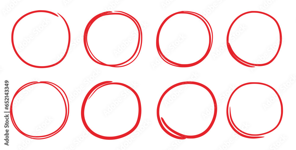 Fototapete Hand drawn red marker round frame. Hand drawn marker stroke style doodle red circle frame. Scribble round frame for check, text highlight. Grunge scratch style set. Vector illustration