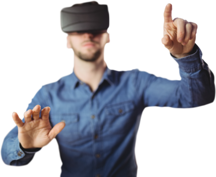 Digital png photo of caucasian man wearing vr set and pointing with finger on transparent background