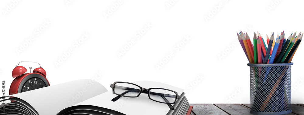 Fototapete Digital png  of student desk with alarm clock with copy space on transparent background