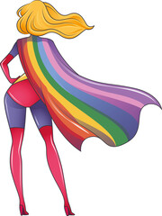 Digital png illustration of female superhero wearing rainbow cape on transparent background