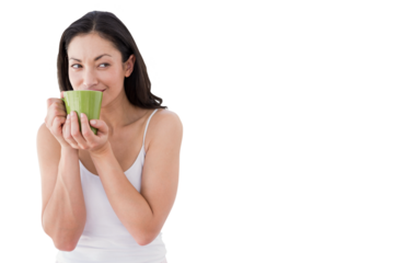 Digital png photo of biracial woman holding a green mug with copy space on transparent background