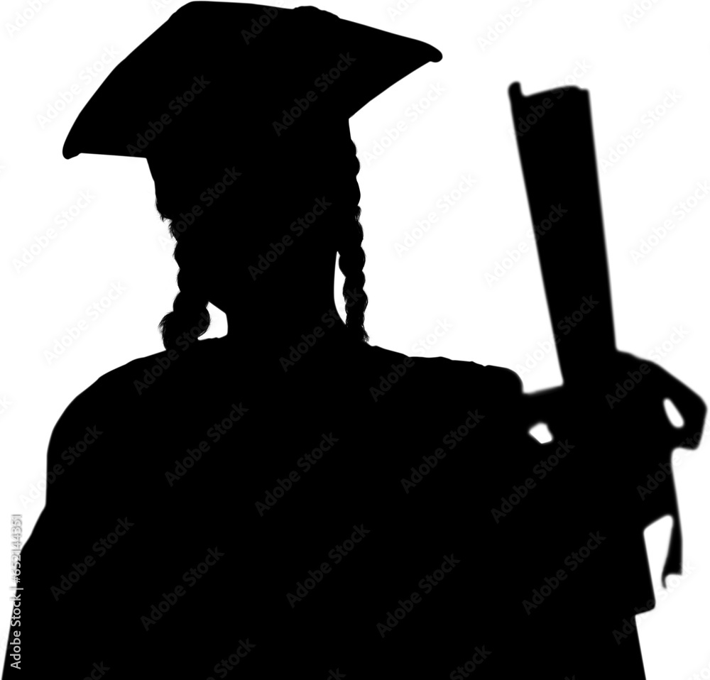 Poster Digital png silhouette of woman wearing graduation cap, wolding a diploma on transparent background