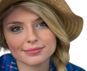 Digital png photo of smiling caucasian woman wearing a straw hat on transparent background