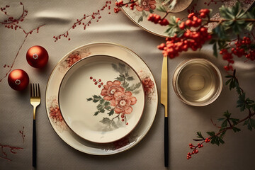 A flat lay composition that marries the elegance of Japan's Edo period with Christmas charm, featuring plates and subtle holiday accents, allowing for copy space in the background.