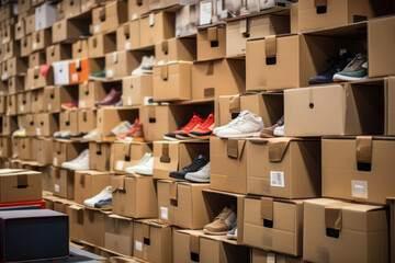 Storage with lots of boxes with sports shoes are displayed in rows, selective focus. - obrazy, fototapety, plakaty