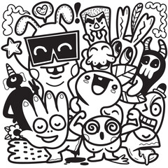 Doodle, black and white drawing of a drawing of cartoon characters, in the style of psychedelic neon, chilling creatures