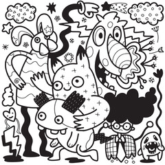 Doodle, black and white drawing of a drawing of cartoon characters, in the style of psychedelic neon,chilling creatures, messy, organic forms and shapes, kawaii, line art  cartoon ,Illustration Vector