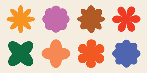 Flower geometric shapes. Colorful brutalism abstract symbols. Isolated vector and decorative patterns