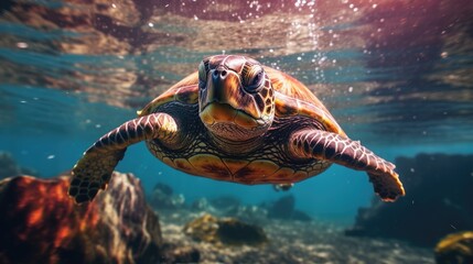 Obraz premium Turtle swimming under water