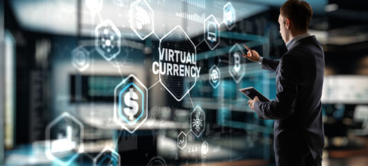 Currency symbols on a virtual screen. Virtual Currency Exchange Investment concept 2023