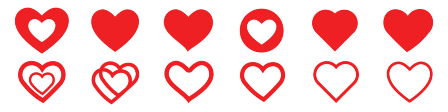 Set of red hearts icon. Vector love symbols isolated
