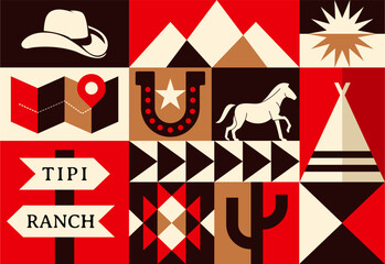 Western Camping Style Pattern Design with Cowboy Hat Horse Tipi Ccatus Tree Map Vector Illustration © buqancreative