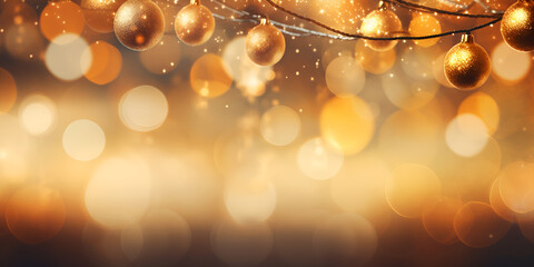 Christmas background with golden balls new year's decor Christmas balls and golden bokeh lights back ground AI Generative 