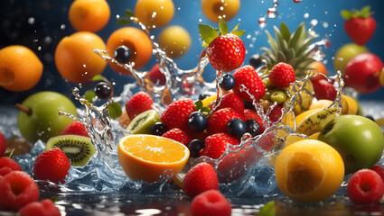 fresh multi fruits splashing into clear water splash healthy food diet freshness concept. Design...