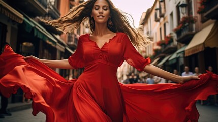 A woman in a red dress dances on the street of a European city.