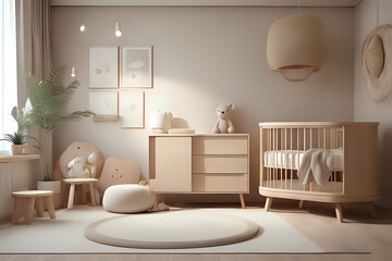 3d interior of a Japandi style interior baby nursery room a design with simplicity in neutral minimalism boho style - obrazy, fototapety, plakaty