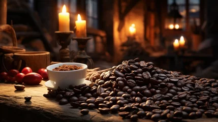 Fotobehang Close-Up Coffee Beans on a Wooden Surface with a Cup of Cafe. Generative AI. © Tuyres