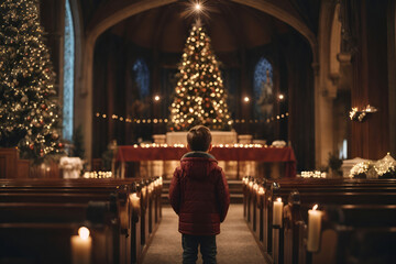 kid standing in the church when christmas night - obrazy, fototapety, plakaty