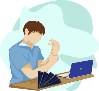Drawing cartoon of a man with a wrist injury from heavy use. vector illustration