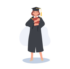 education, graduation and people concept. Young Woman Graduate Holding a Book. Smiling Student with Diploma.