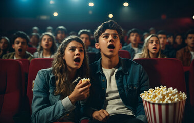 young scared teenagers couple at the cinema watching and eat popcorns, generative ai