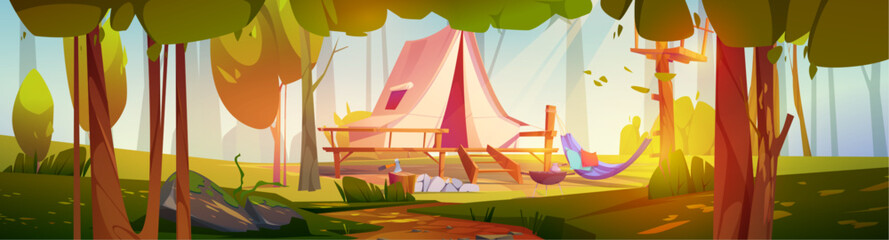 Forest camp tent near tree summer travel background. Outdoor adventure scene for nature campsite illustration. Trekking and picnic cartoon banner. Sunny day concept for weekend activity and recreation