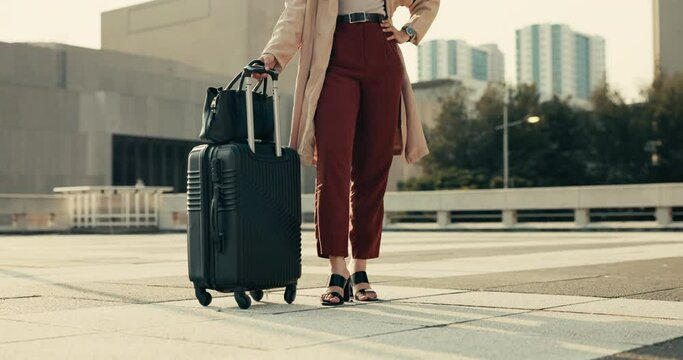 Walking, travel wait and business woman with suitcase for corporate holiday and seminar outdoor. Street, city and luggage with legs and commute to airport with female professional looking for taxi
