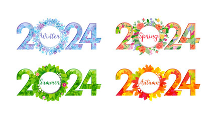 Set of creative number logos 2024. Happy New Year 2024 or happy winter, spring, summer and autumn seasons. Icon design. Seasonal decorations. Web banner concept. Decorative snowy or floral ideas
