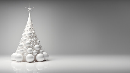 Wundersch&ouml;ner Weihnachtsbaum aus wei&szlig;en Weihnachtskugeln im Querformat und Platzhalter, ai generativ