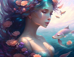 Mermaid underwater among sea creatures