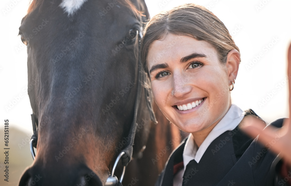 Poster Selfie, equestrian and a woman with her horse on a ranch for sports, training or a leisure hobby. Portrait, smile or competition and a happy young rider in uniform with her stallion or mare outdoor