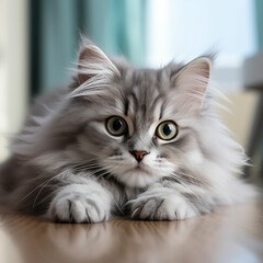 Funny large longhair gray kitten with beautiful big eyes lying on white table. Lovely fluffy cat licking lips. Made with generative ai