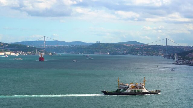 Boats Passing The Bosphorus Strait, Bridge, Istanbul, Turkey, Sunny Day